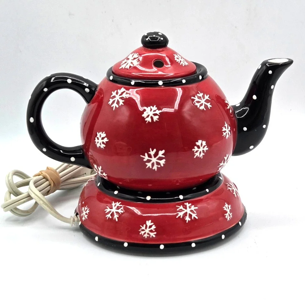 VINTAGE 2004 Red & Black Ceramic Snowman Teapot with Warmer